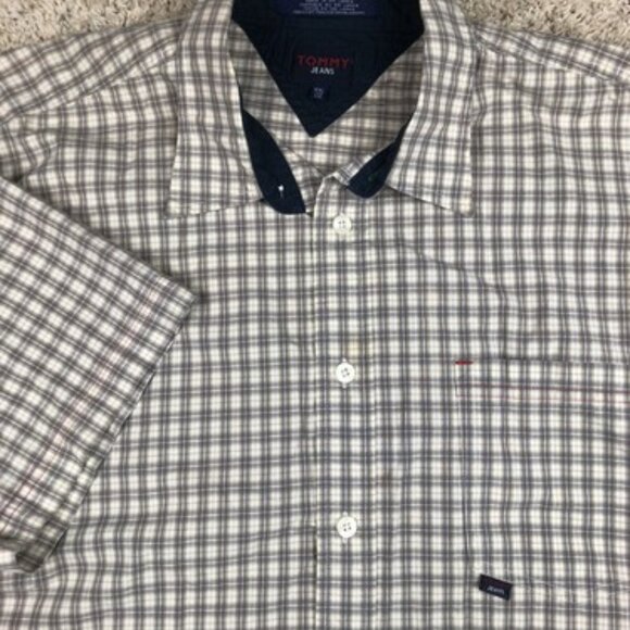 Tommy Hilfiger Button Up Shirt Mens 2XL XXL Brown White Plaid Tommy Jeans - Picture 1 of 10